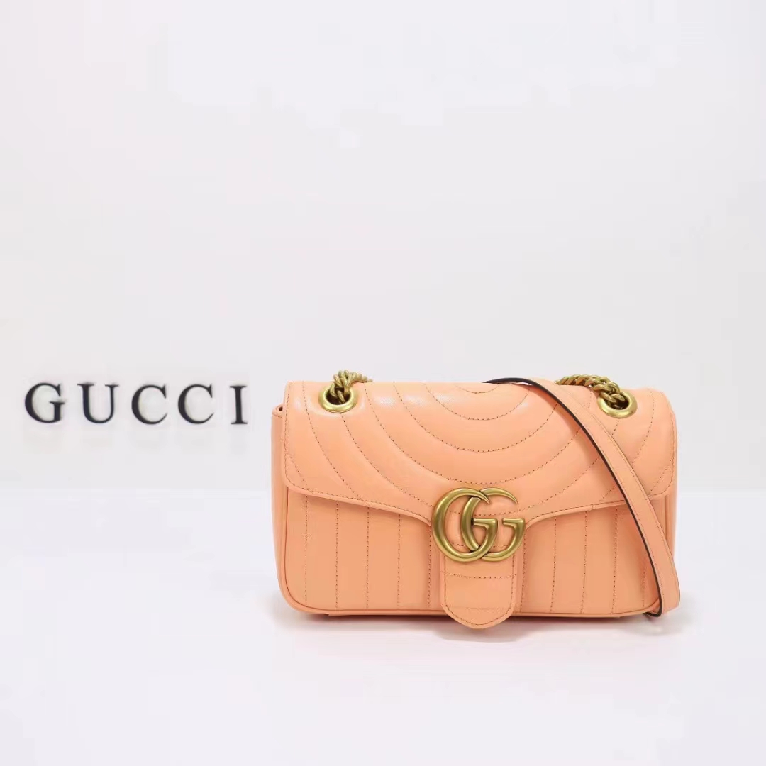 Gucci Women GG Marmont Small Shoulder Bag Peach Matelassé Round Vertical Matelassé Leather (10)