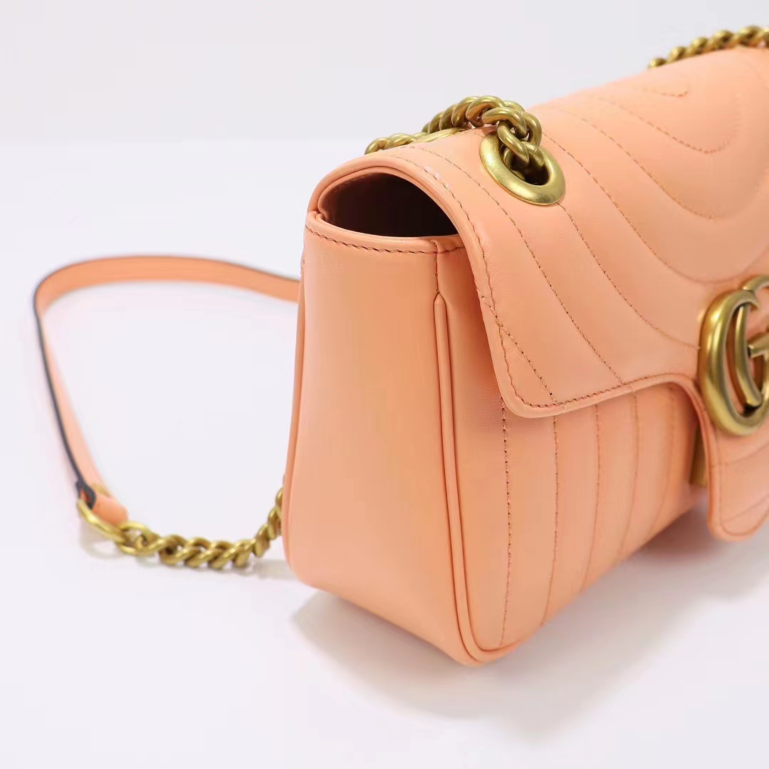 Gucci Women GG Marmont Small Shoulder Bag Peach Matelassé Round Vertical Matelassé Leather (12)