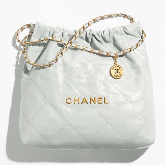Chanel Women CC 22 Handbag Shiny Calfskin & Gold-Tone Metal Light Blue