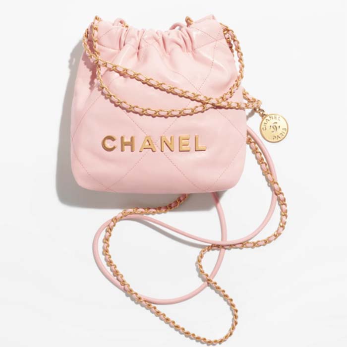 Chanel Women CC 22 Mini Handbag Shiny Calfskin Gold-Tone Metal Light Pink