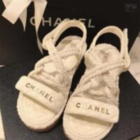 Chanel Women CC Cotton Tweed White Sandals Calfskin Leather Cotton 1 CM Heel (2)