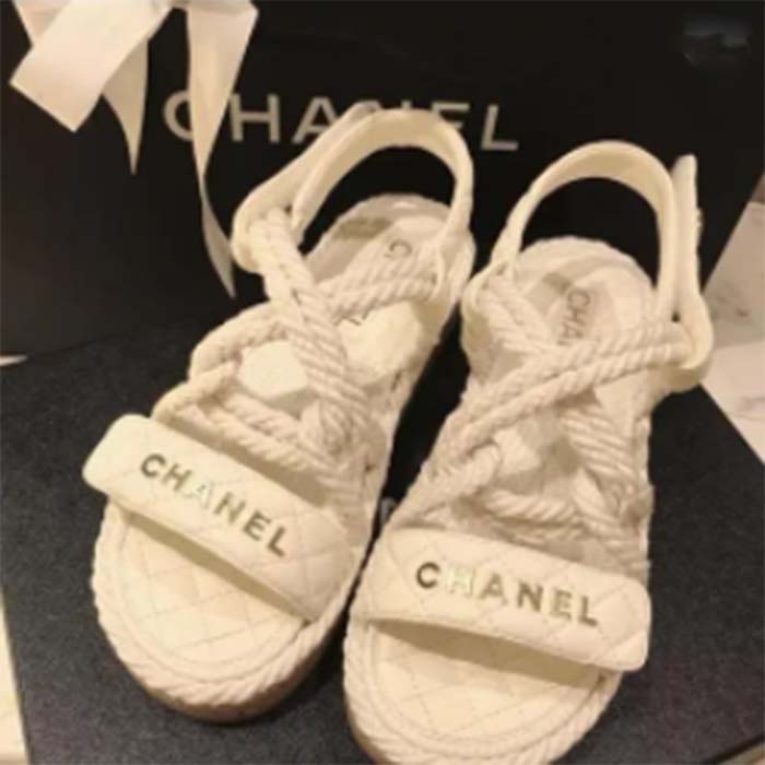Chanel Women CC Cotton Tweed White Sandals Calfskin Leather Cotton 1 CM Heel (10)