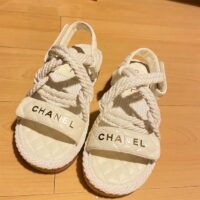 Chanel Women CC Cotton Tweed White Sandals Calfskin Leather Cotton 1 CM Heel (2)