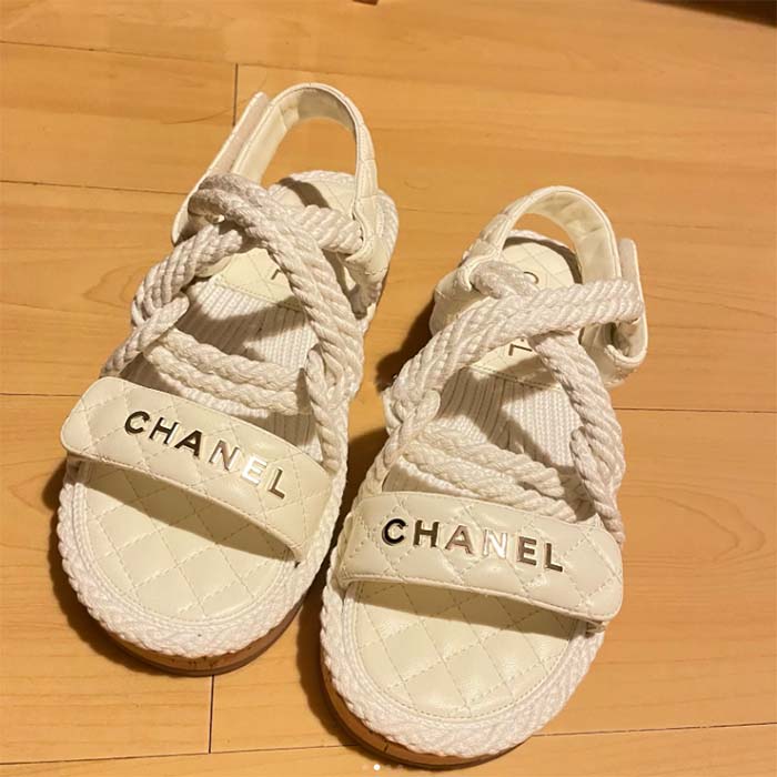 Chanel Women CC Cotton Tweed White Sandals Calfskin Leather Cotton 1 CM Heel