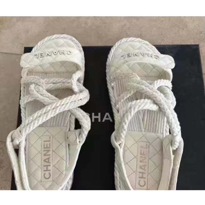 Chanel Women CC Cotton Tweed White Sandals Calfskin Leather Cotton 1 CM Heel (4)