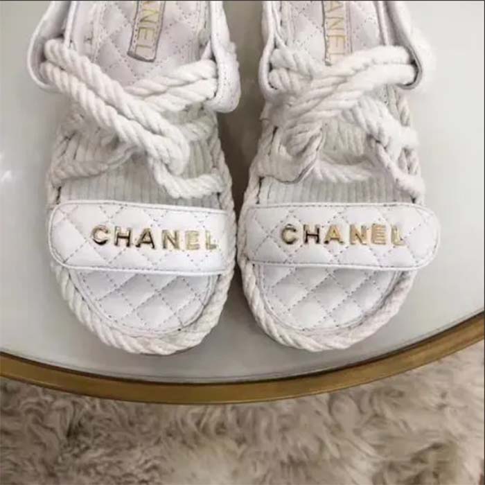 Chanel Women CC Cotton Tweed White Sandals Calfskin Leather Cotton 1 CM Heel (5)