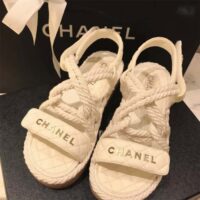 Chanel Women CC Cotton Tweed White Sandals Calfskin Leather Cotton 1 CM Heel (2)