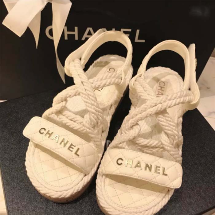 Chanel Women CC Cotton Tweed White Sandals Calfskin Leather Cotton 1 CM Heel (6)