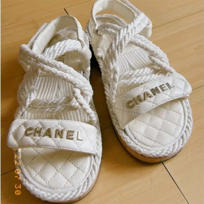 Chanel Women CC Cotton Tweed White Sandals Calfskin Leather Cotton 1 CM Heel (7)