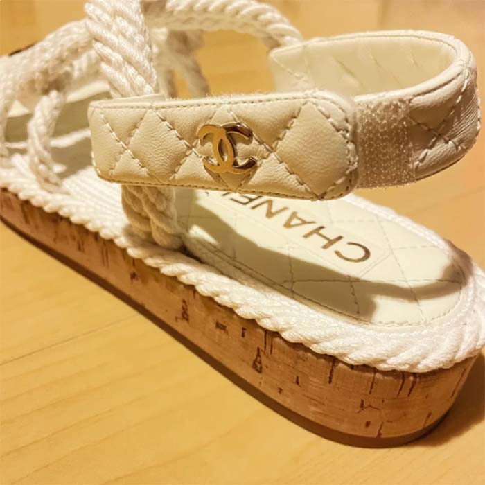 Chanel Women CC Cotton Tweed White Sandals Calfskin Leather Cotton 1 CM Heel (8)