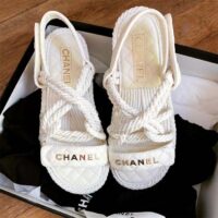 Chanel Women CC Cotton Tweed White Sandals Calfskin Leather Cotton 1 CM Heel (2)