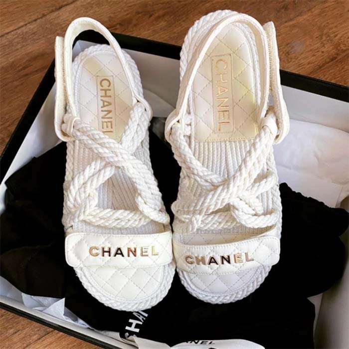 Chanel Women CC Cotton Tweed White Sandals Calfskin Leather Cotton 1 CM Heel (9)