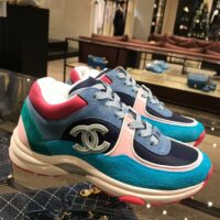 Chanel Women CC Low Top Logo Sneakers Calfskin Suede Blue Leather (3)