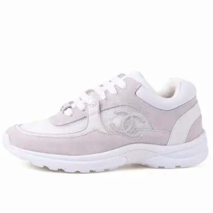 Chanel Women CC Low Top Sneakers Calfskin Suede Leather Triple White