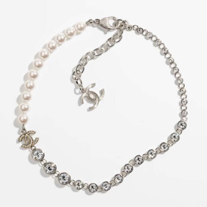 Chanel Women CC Necklace Metal Glass Pearls Strass Silver Pearly White Crystal