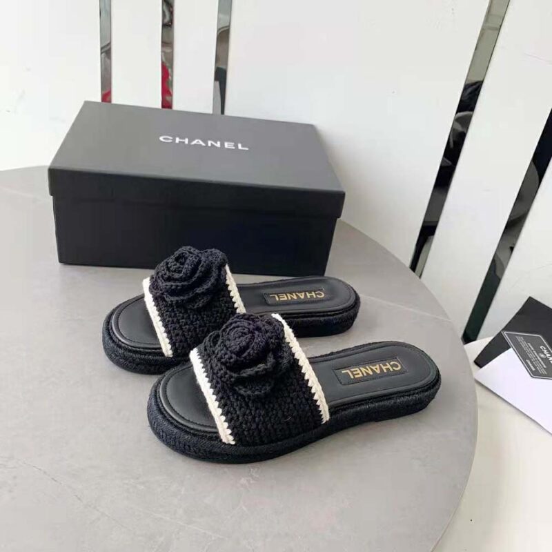 Chanel Women Mules Crochet Ivory and Black 0.5 cm Heel-Black