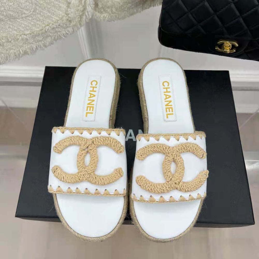 Chanel Women Mules Lambskin Beige & White