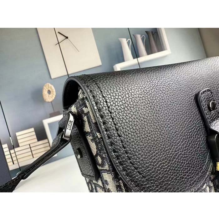 Dior Unisex CD Mini Saddle Bag Strap Beige Black Oblique Jacquard Black Grained Calfskin (2)