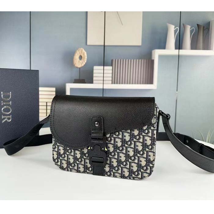 Dior Unisex CD Mini Saddle Bag Strap Beige Black Oblique Jacquard Black Grained Calfskin (5)