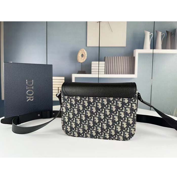 Dior Unisex CD Mini Saddle Bag Strap Beige Black Oblique Jacquard Black Grained Calfskin (8)