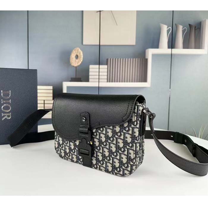 Dior Unisex CD Mini Saddle Bag Strap Beige Black Oblique Jacquard Black Grained Calfskin (9)