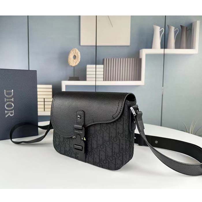 Dior Unisex CD Mini Saddle Bag Strap Black Oblique Jacquard Grained Calfskin (10)