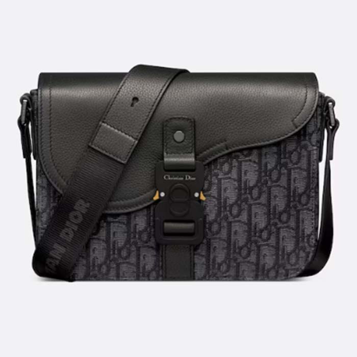 Dior Unisex CD Mini Saddle Bag Strap Black Oblique Jacquard Grained Calfskin