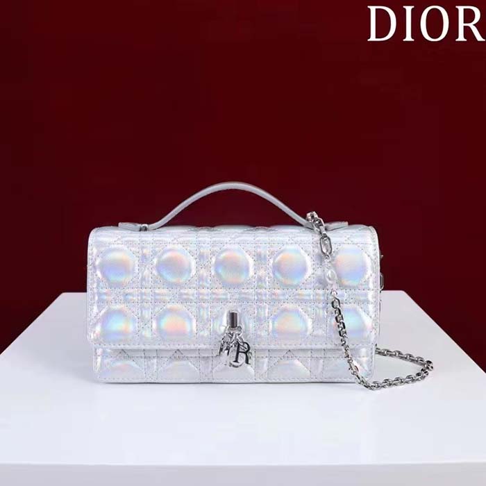 Dior Women CD Miss Dior Mini Bag Silver Metallic Leather Lambskin