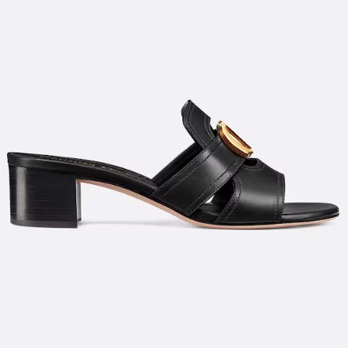 Dior Women CD Sandals 30 Montaigne Heeled Slide Black Calfskin Tonal Edge Dye