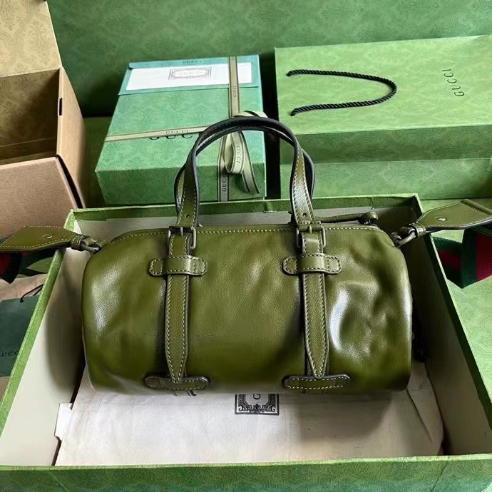 Gucci GG Unisex Small Duffle Bag Tonal Double G Forest Green Leather (8)