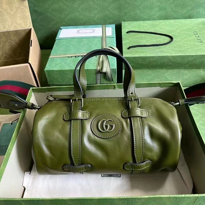 Gucci GG Unisex Small Duffle Bag Tonal Double G Forest Green Leather (9)