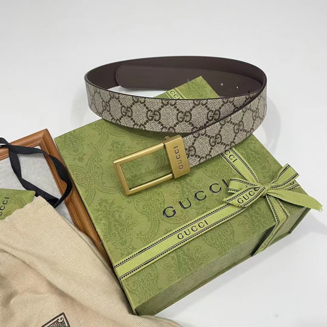 Gucci Unisex Belt Rectangular Buckle Beige Ebony GG Supreme Canvas 3.6 CM Width (11)