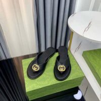 Gucci Unisex GG Interlocking G Thong Sandal Black Leather Flat (7)