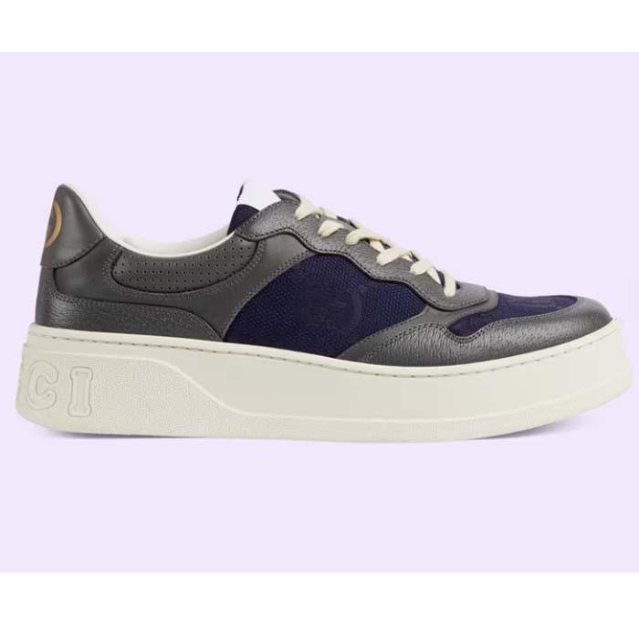 Gucci Unisex GG Lace Up Sneaker Grey Leather Blue Black GG Canvas
