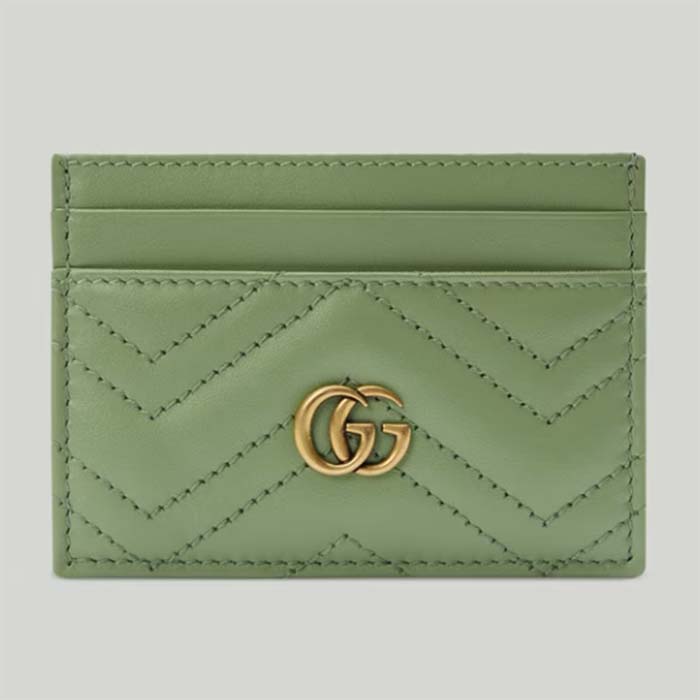 Gucci Unisex GG Marmont Matelassé Card Case Sage Green Chevron Leather