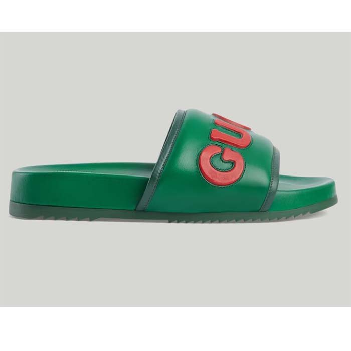 Gucci Unisex GG Slide Sandal Green Red Leather Script Rubber Flat 1 CM Heel