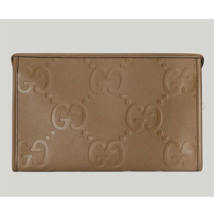 Gucci Unisex Jumbo GG Pouch Taupe Jumbo GG Leather Moiré Lining