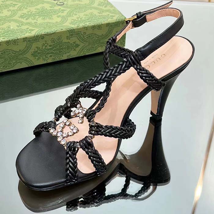 Gucci Women Crystal Interlocking G Sandal Black Braided Leather High 9 Cm Heel (5)