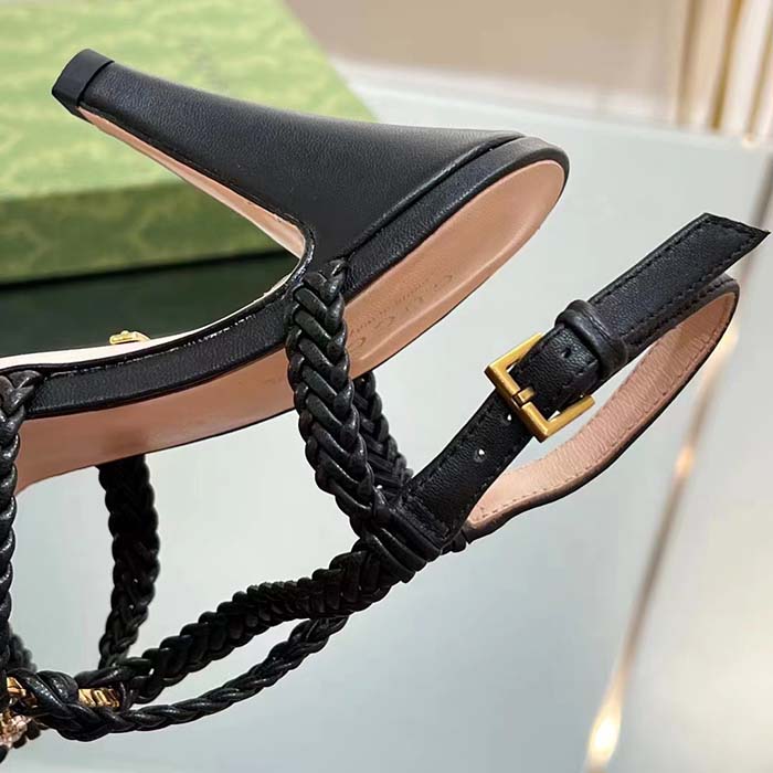 Gucci Women Crystal Interlocking G Sandal Black Braided Leather High 9 Cm Heel (7)