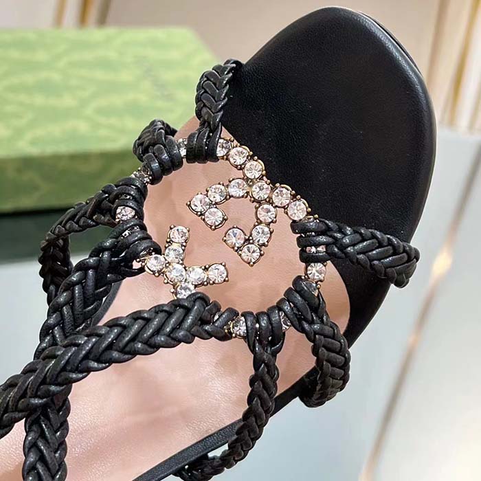 Gucci Women Crystal Interlocking G Sandal Black Braided Leather High 9 Cm Heel (9)
