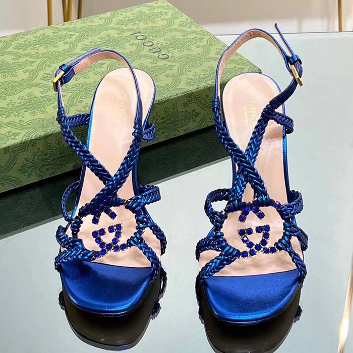 Gucci Women Crystal Interlocking G Sandal Blue Metallic Braided Leather High Heel (2)