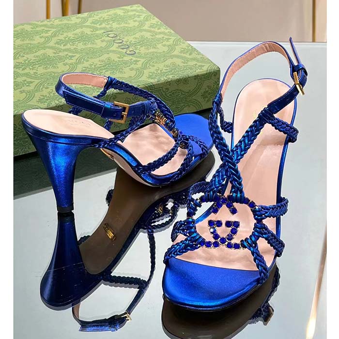Gucci Women Crystal Interlocking G Sandal Blue Metallic Braided Leather High Heel (8)