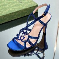 Gucci Women Crystal Interlocking G Sandal Blue Metallic Braided Leather High Heel (5)