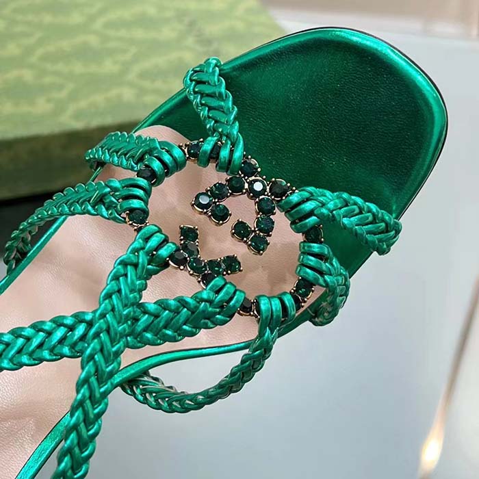Gucci Women Crystal Interlocking G Sandal Green Metallic Braided Letaher High Heel (1)