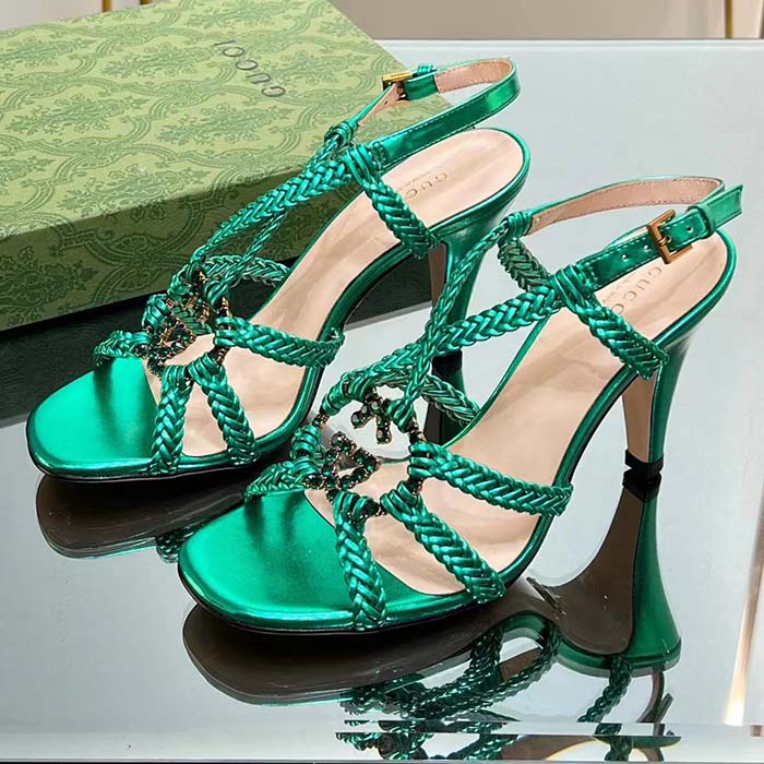Gucci Women Crystal Interlocking G Sandal Green Metallic Braided Letaher High Heel (10)