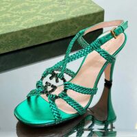 Gucci Women Crystal Interlocking G Sandal Green Metallic Braided Letaher High Heel (8)