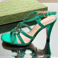 Gucci Women Crystal Interlocking G Sandal Green Metallic Braided Letaher High Heel (8)