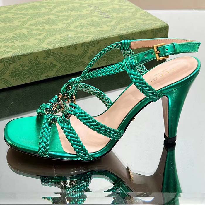 Gucci Women Crystal Interlocking G Sandal Green Metallic Braided Letaher High Heel (2)