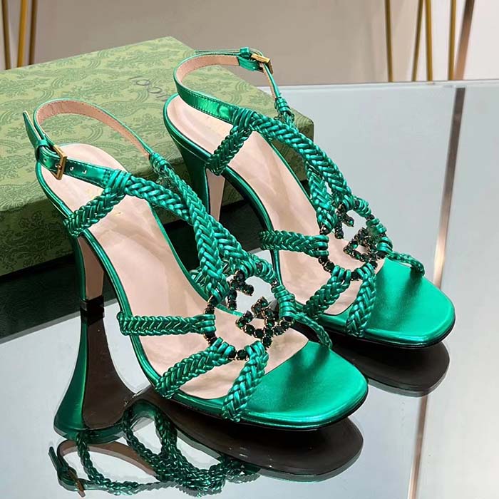 Gucci Women Crystal Interlocking G Sandal Green Metallic Braided Letaher High Heel (6)