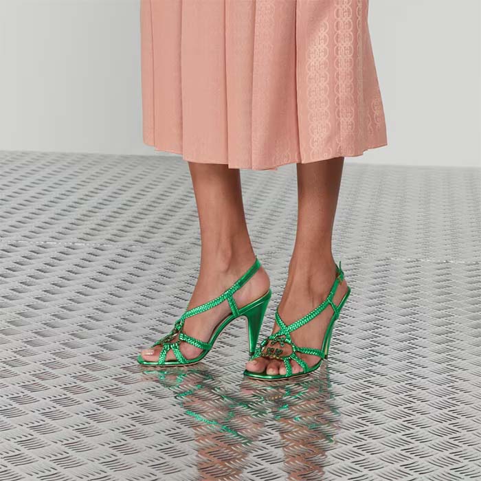 Gucci Women Crystal Interlocking G Sandal Green Metallic Braided Letaher High Heel (7)